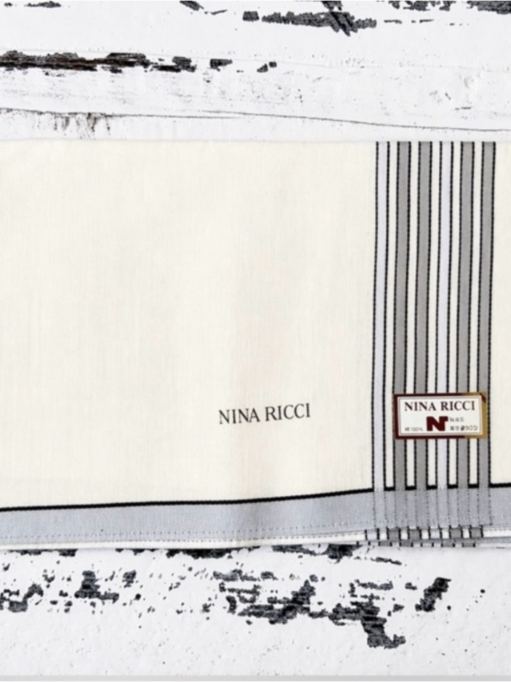 Nina Ricci Vintage Cream Scarf with Light Blue Gray and Black Stripe Detailing